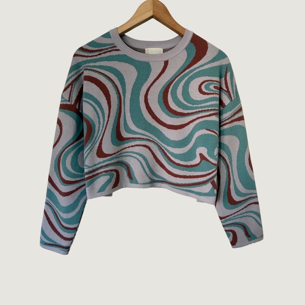Short Slate Swirl Pattern Cropped Knit Sweater Lavender Teal Rust Medium